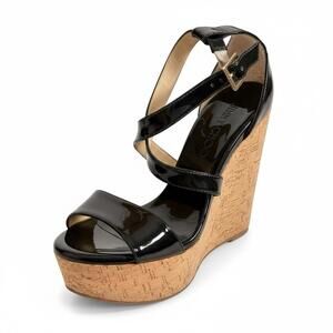 Jimmy Choo Cork Wedge Sandals Black Patent Leather Platform Heels  Size 36.5 6.5